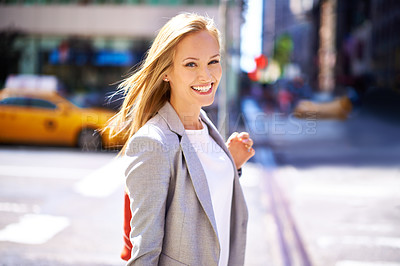 Buy stock photo Woman, portrait and smile with city, commute and walk for work or career. Designer, job and new york street with urban, summer and happiness with confident and creative business travel in downtown