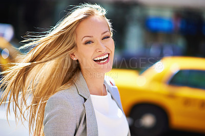 Buy stock photo Businesswoman, portrait and city travel on road as corporate professional, office building or transportation. Female person, face and urban morning for street commute in New York, downtown or traffic