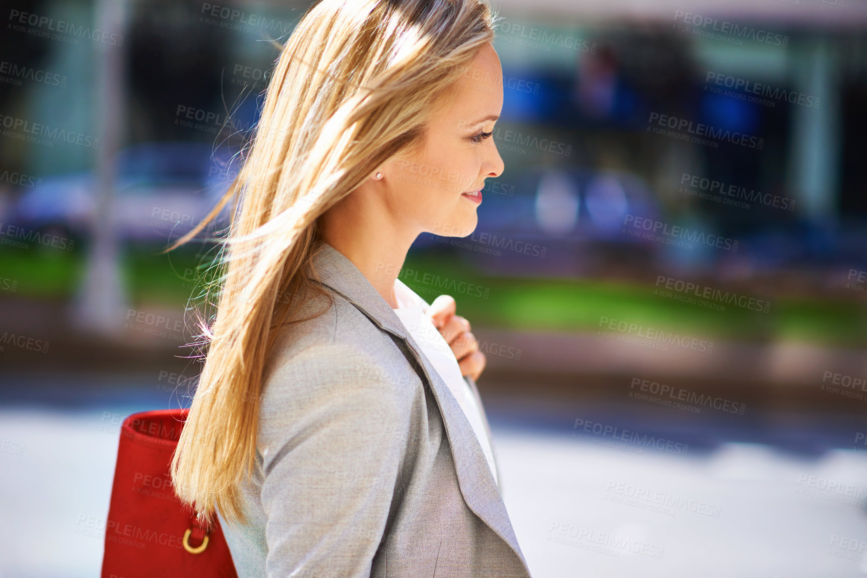 Buy stock photo Businesswoman, city and career travel as corporate professional to office building, entrepreneur or commute. Female person, employee and New York company for urban walking, pedestrian or downtown