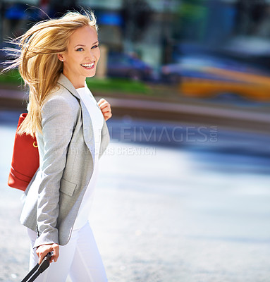 Buy stock photo A portrait of a gorgeous woman with her luggage in New York