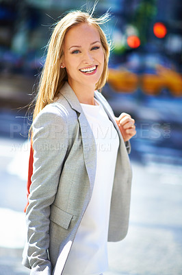 Buy stock photo Business, portrait and smile with urban, walk and commute for work or career. Woman, job and new york street with city, summer and happiness with confident and creative designer travel in downtown
