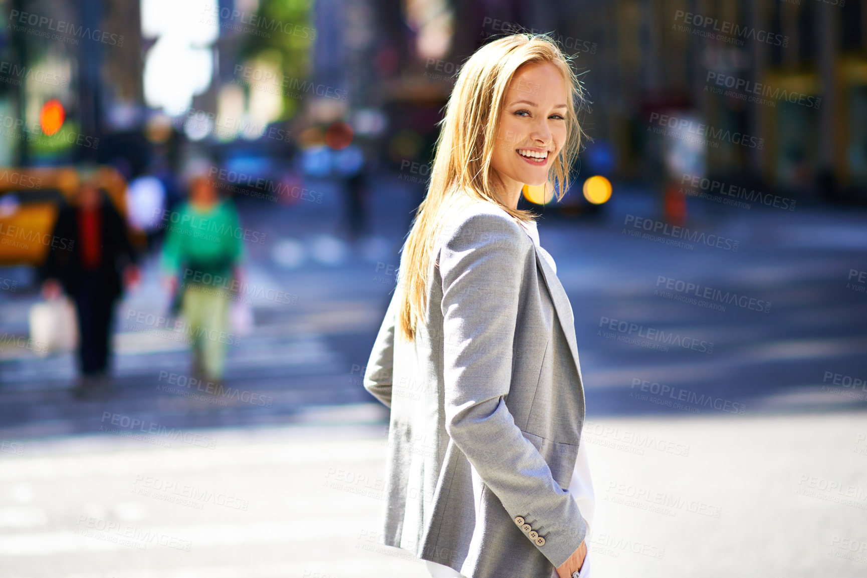 Buy stock photo Designer, portrait and smile with urban, travel and commute for work or career. Woman, job and new york street with city, summer and happiness with confident and creative business walk in downtown