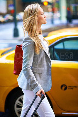 Buy stock photo Business woman, luggage and walking in street with traffic on travel, suit and outdoor in city. Person, thinking and baggage for global journey with direction on sidewalk by cars in road in New York