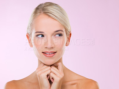 Buy stock photo Woman, skincare and happy in studio with beauty, thinking or results with natural glow by pink background. Girl, person or model for cosmetic, facial skin or smile for transformation with dermatology