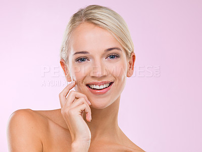 Buy stock photo Woman, portrait and skincare beauty in studio for healthy treatment, pink background or confidence. Female person, face and hand for makeup cosmetics or dermatology wellness, facial or mockup space