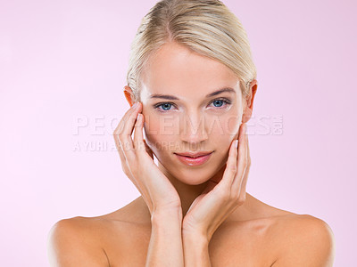 Buy stock photo Woman, portrait and skincare cosmetics in studio for healthy treatment, pink background or confidence. Female person, face and hand for makeup beauty or dermatology wellness, selfcare or mockup space