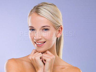 Buy stock photo Woman, portrait and skincare dermatology with hand for healthy beauty, purple background or confidence. Female person, face and smile or makeup cosmetics as selfcare wellness, studio or mockup space