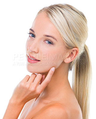 Buy stock photo Happy, skincare and portrait of woman in studio with dermatology, glow and facial treatment. Smile, beauty and female model with health, wellness and face routine isolated by white background.