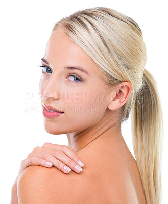 Buy stock photo Manicure, skincare and portrait of woman in studio with dermatology, glow and facial treatment. Nail polish, beauty and female model with health, wellness and face routine by white background.