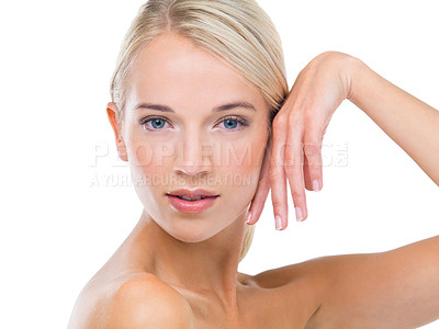 Buy stock photo Cosmetic, beauty and portrait of woman in studio with dermatology, glow and facial treatment. Skincare, natural and female model with health, wellness and face routine isolated by white background.