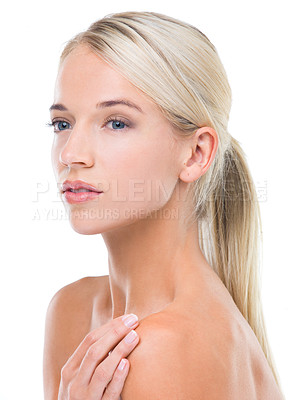 Buy stock photo A young woman with beautiful skin isolated on white