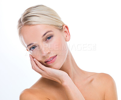Buy stock photo Woman, skincare and beauty in studio portrait with hand of face for results, wellness and glow by white background. Girl, person and model with cosmetics, facial skin and transformation with pride