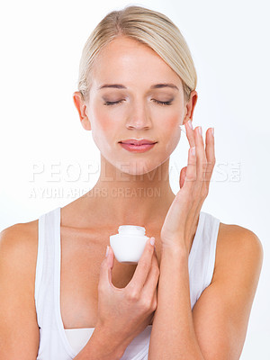 Buy stock photo Woman, hand and moisturizer cream or skincare dermatology or healthy treatment, studio or white background. female person, product and sunscreen protection or face lotion, benefits or mockup space