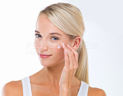 Buy stock photo Woman, portrait and skincare lotion in studio or moisturizer wellness with dermatology, product or white background. Female person, cream and facial sunscreen or self care, protection or mockup space