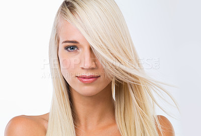 Buy stock photo Blonde woman, long hair and studio portrait with beauty, wellness and results by white background. Girl, person and model with hairstyle, transformation and change with natural glow for health