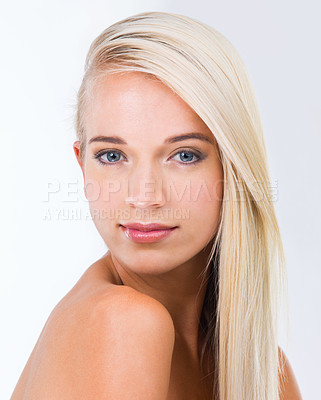 Buy stock photo Blonde woman, hairstyle and studio portrait with beauty, wellness and results by white background. Girl, person and model with hair care, transformation and change with natural glow for health