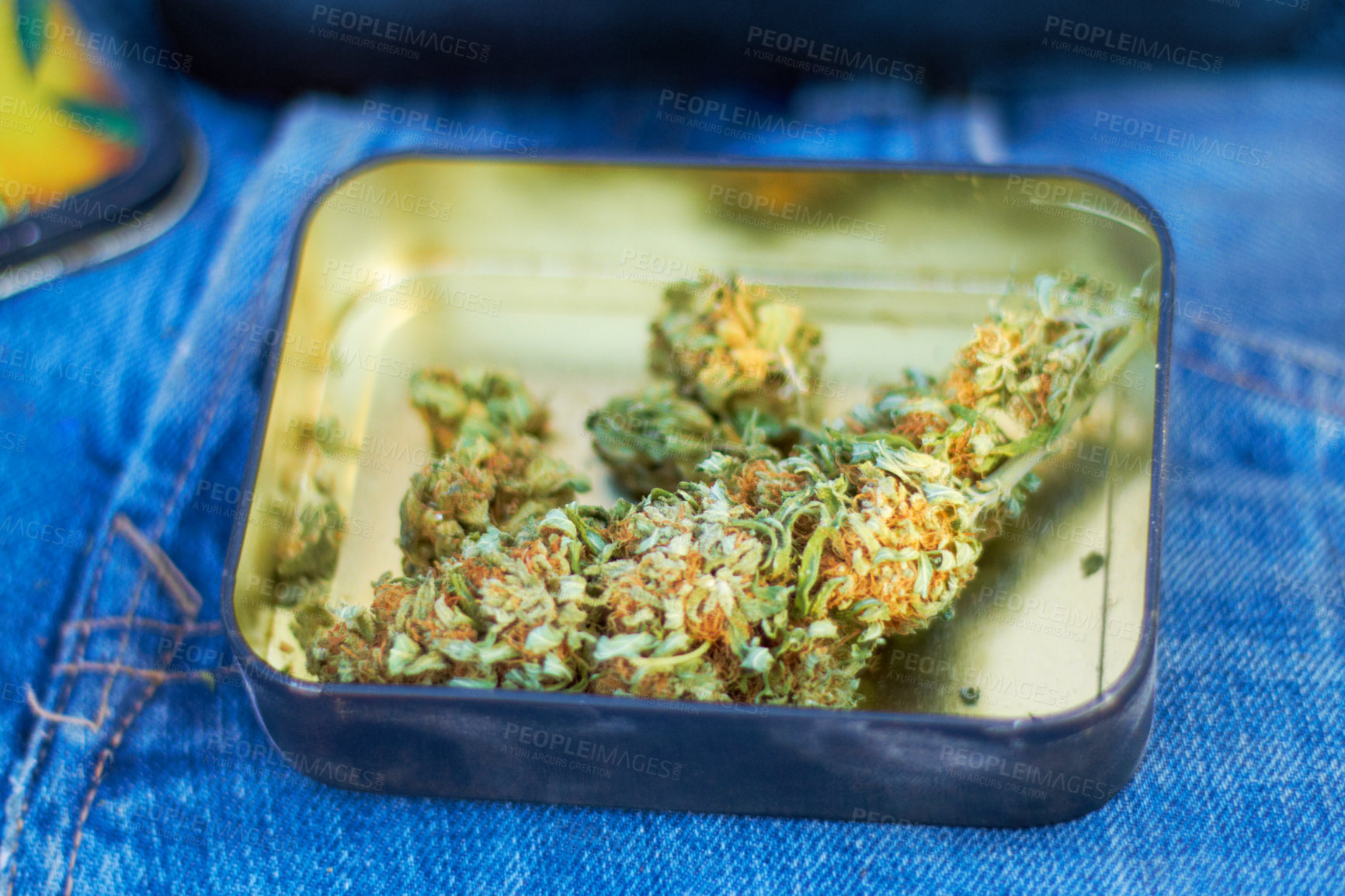 Buy stock photo Cannabis, marijuana and bud of weed in container for joint, smoking and blunt for peace or calm as habit. Medicine, box and green plant to reduce pain, stress and anxiety with mental health benefits