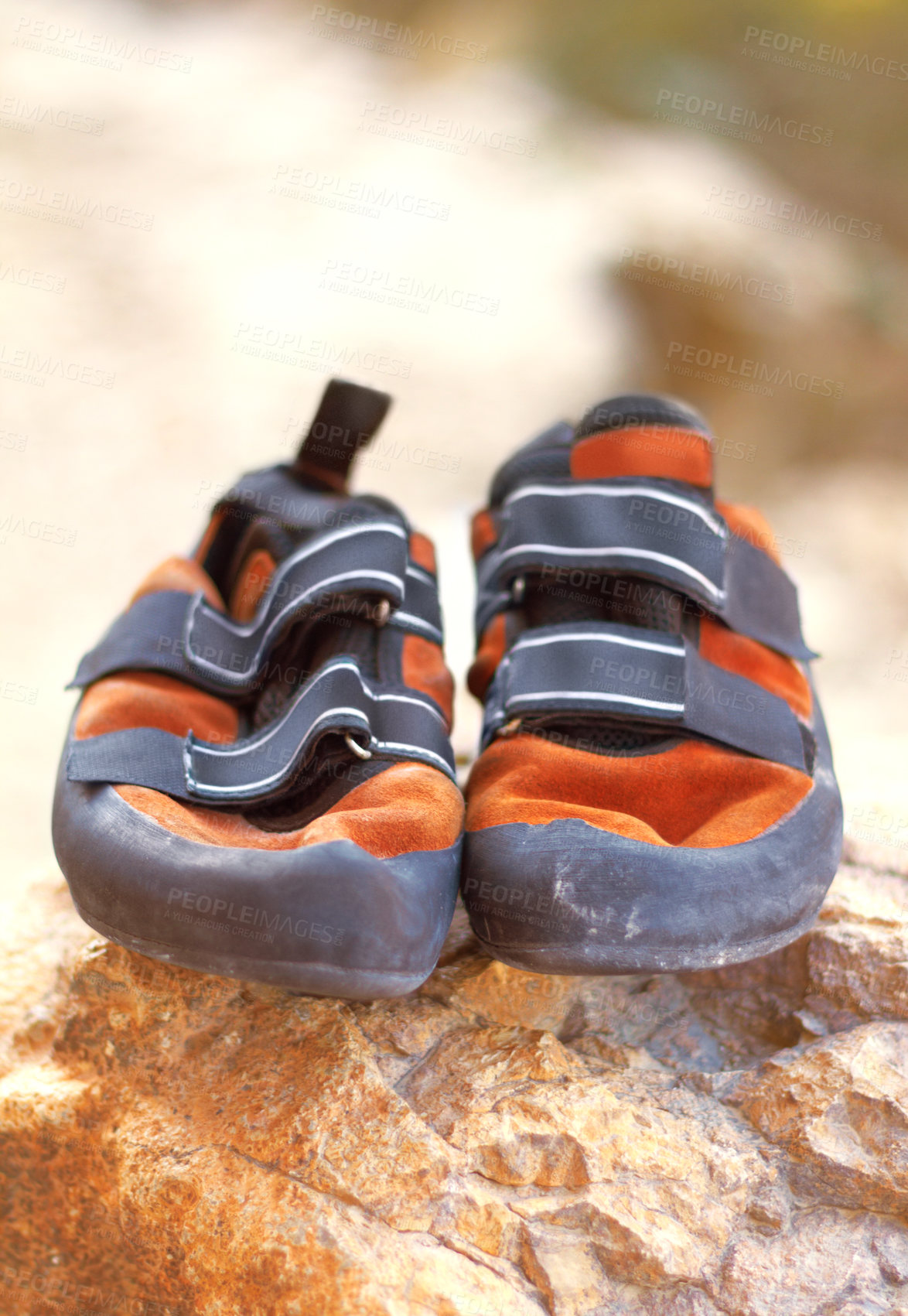 Buy stock photo Rock climbing, shoes and mountain sport with rubber soles to support performance and precision for feet safety. Nature sports, equipment or edging for smearing on rocky surface or balance for agility
