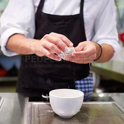 Buy stock photo Hands, chef and cooking food in kitchen for catering, luxury or hospitality. Restaurant, person and cook preparing meal with cup for fine dining, cuisine or gourmet dinner, lunch or dumpling in hotel