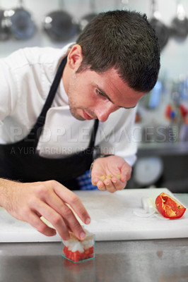 Buy stock photo Chef, cooking and food with man in kitchen for luxury, hospitality and catering. Fine dining, gourmet and dinner with male cook in hotel restaurant for menu, cuisine and meal preparation