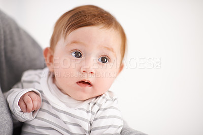 Buy stock photo Baby, love and person with infant for comfort, care and bonding with small child at family home. Newborn, parent and little girl in house with support, peace and thinking for development of curiosity