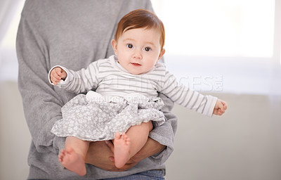Buy stock photo Family, love and portrait of mother with baby for comfort, care or adoption of newborn in home. Relax, smile and face of infant with parent for support, peace and safety in childhood development