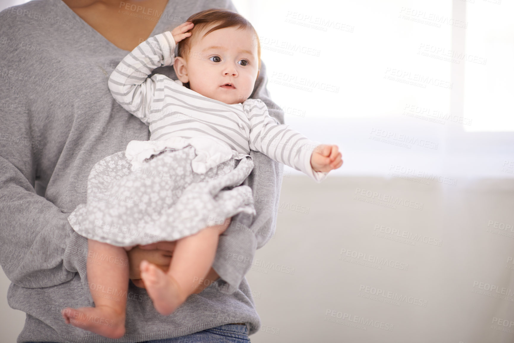 Buy stock photo Home, family and mother with baby for safety, love and comfort in adoption of newborn girl. Infant, parent and little kid in house with peace, support and thinking for development of curiosity