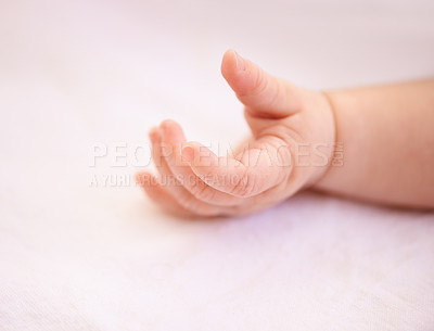 Buy stock photo Fingers, hands and rest with closeup baby, tired kid on duvet for relaxing comfort in nursery. Child development, peaceful infant or newborn toddler, wellness and calm in bedroom of family home