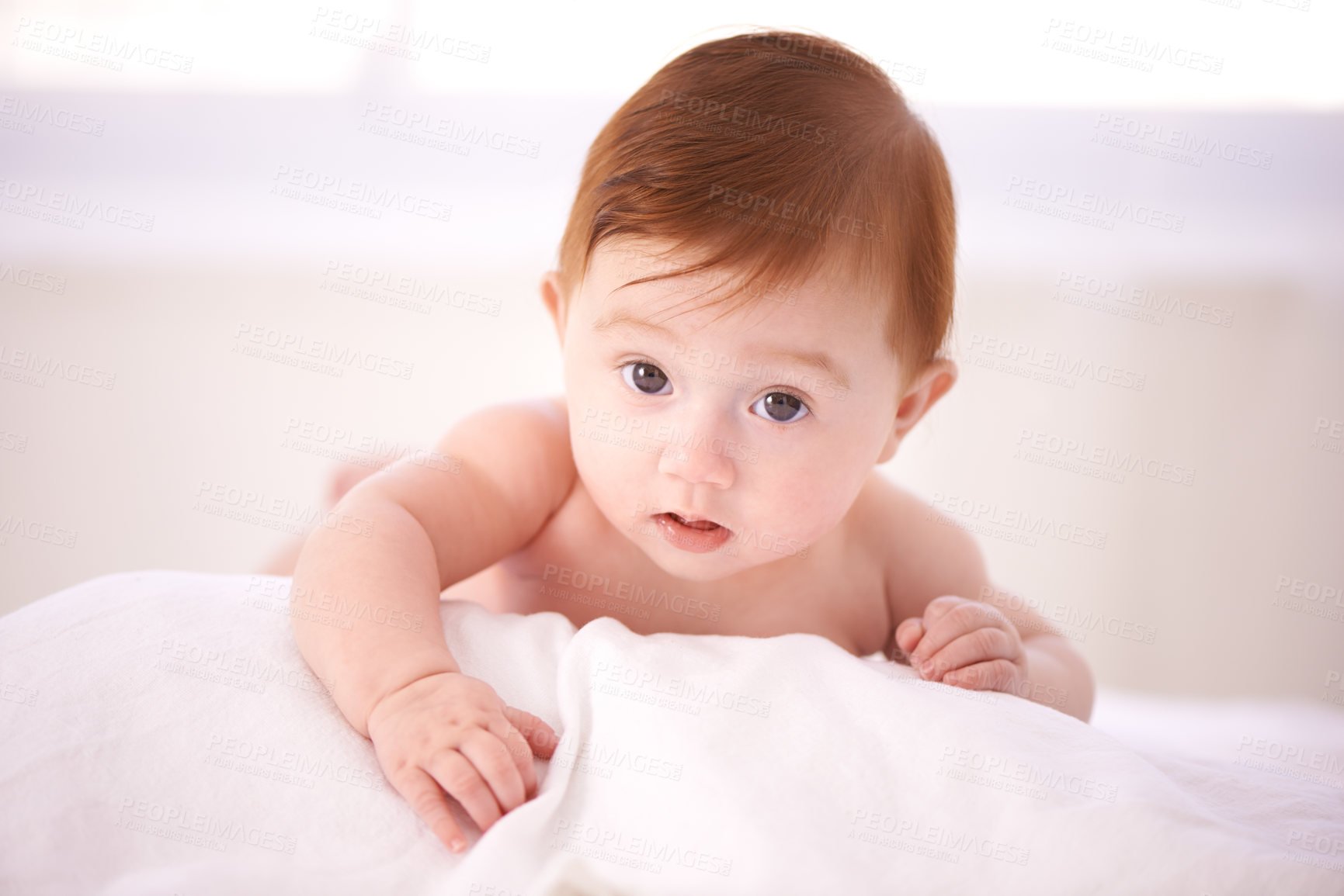 Buy stock photo Portrait, care and curious baby on bed, tummy time for child development and play in nursery comfort. Girl, infant or newborn wellness in family home for childcare, crawl or kid learning for growth
