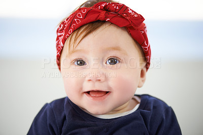Buy stock photo Portrait, happy and cheerful baby fashion in family home, cute and trendy street style on curious girl toddler. Creative, child development and growth, adorable headband accessory on smile kid