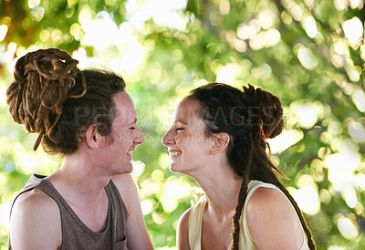 Buy stock photo Outdoor, nature and sunshine with couple, love and bonding together with smile and happiness. Park, date or man with woman or cheerful with joy or relationship with marriage or fresh air with romance