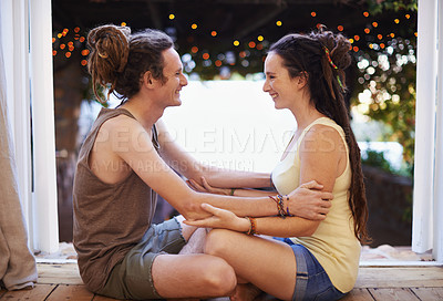Buy stock photo Home, smile and sunshine with couple, love and bonding together with relationship or romantic. Affection, date or man with woman or cheerful with joy or happiness with marriage, relaxing or apartment
