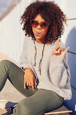 Buy stock photo Woman, fashion and portrait with skateboard in city for skate, crazy and break in urban for summer, fun and silly. African person and tongue out with shades for happy, trendy and cool for funky