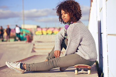 Buy stock photo Woman, thinking and skateboard in city for skate, recreation and idea for break in urban for summer, fun and holiday. African person and relax with wheels for trendy, active and watching on mockup