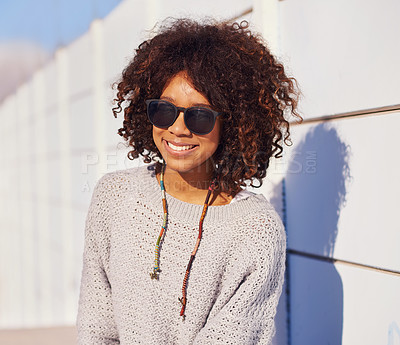 Buy stock photo Woman, smile and portrait in city for travel, walk and break in urban for summer, fun and outdoor. African person and happy with glasses for sun, streetwear and  journey in town for trip and trendy