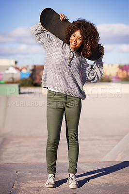 Buy stock photo Portrait, smile and woman with skateboard in city in summer for sport, hobby or exercise outdoor. Happy person, skate park and gen z girl in casual clothes for fashion or street style in South Africa