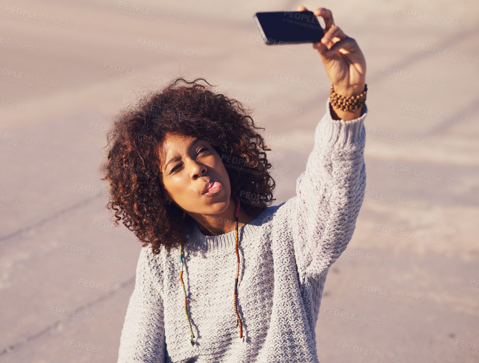 Buy stock photo Funny face, influencer and selfie of woman in city outdoor for social media vlog on internet in summer. Tongue out, street and picture for photography, memory or blog for live streaming in urban town