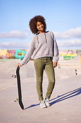 Buy stock photo Portrait, smile and woman with skateboard on street in city in summer for sport, health and exercise outdoor. Happy person, skate park and gen z girl in casual clothes for fashion in South Africa