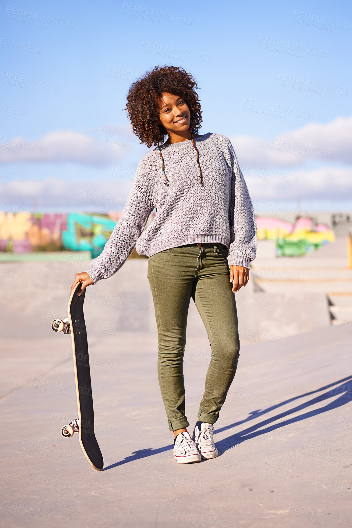 Buy stock photo Portrait, smile and woman with skateboard on street in city in summer for sport, health and exercise outdoor. Happy person, skate park and gen z girl in casual clothes for fashion in South Africa