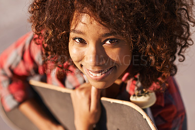 Buy stock photo Portrait, happy woman and skateboard in city in summer for sport, fashion or exercise outdoor. Smile, skate park and face of young girl or gen z person in casual clothes on street in South Africa