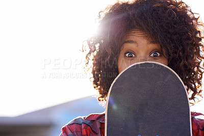 Buy stock photo Surprise, cover and portrait of woman with skateboard for fitness, urban and hiding in outdoors. Training, skating and youth with female skater for hipster, relax and skateboarder in city park mockup