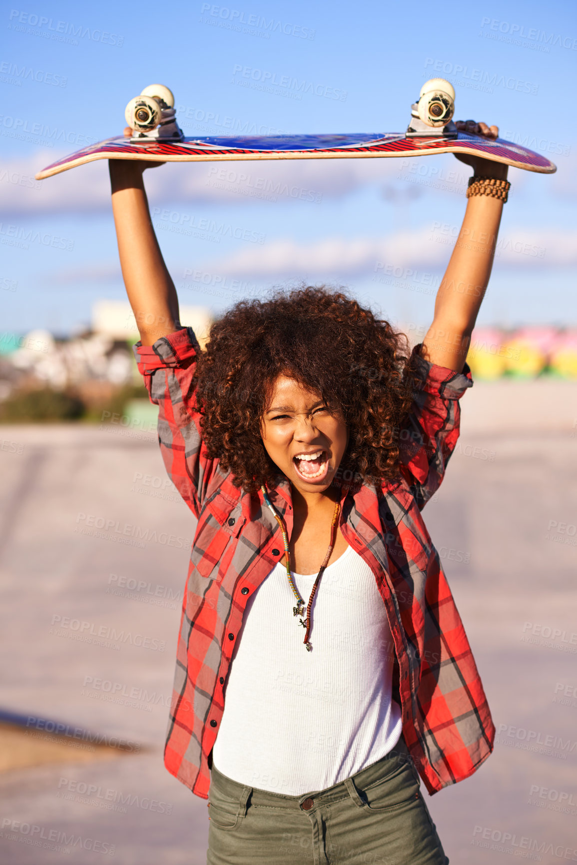 Buy stock photo Portrait, fashion and excited black woman with skateboard in city for exercise, training and skating in skatepark. Skater, shouting and face of female person for trendy, edgy and hipster clothing