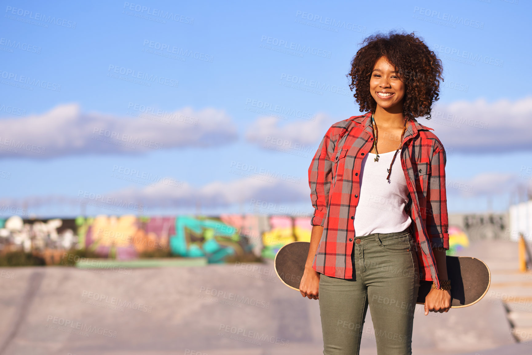 Buy stock photo Skatepark, fashion and portrait of black woman with skateboard in urban town for exercise, training and skating. Skater, smile and happy female person for trendy, edgy and hipster clothing in city