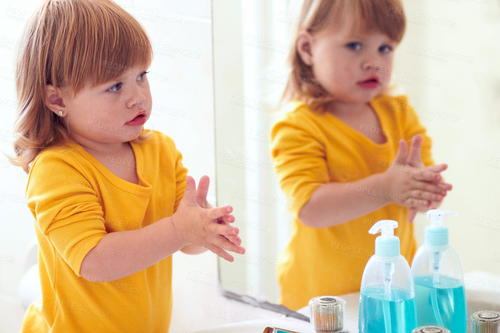 Buy stock photo Cleaning, hygiene and washing hands with little girl in bathroom for morning routine, health and learning. Growth, self care and bacteria with baby at home for grooming, sanitary and protection