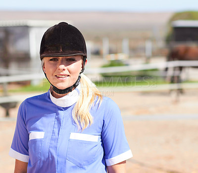 Buy stock photo Woman, horse jockey and portrait of a young athlete on equestrian training ground for show and race. Outdoor, female person face and mockup on a animal farm for dressage with rider and horses