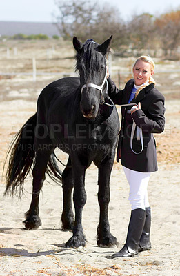 Buy stock photo Horse rider, trainer portrait and woman on equestrian training and competition ground. Outdoor, female competitor and show horses stable with a girl stroking an animal before riding with helmet