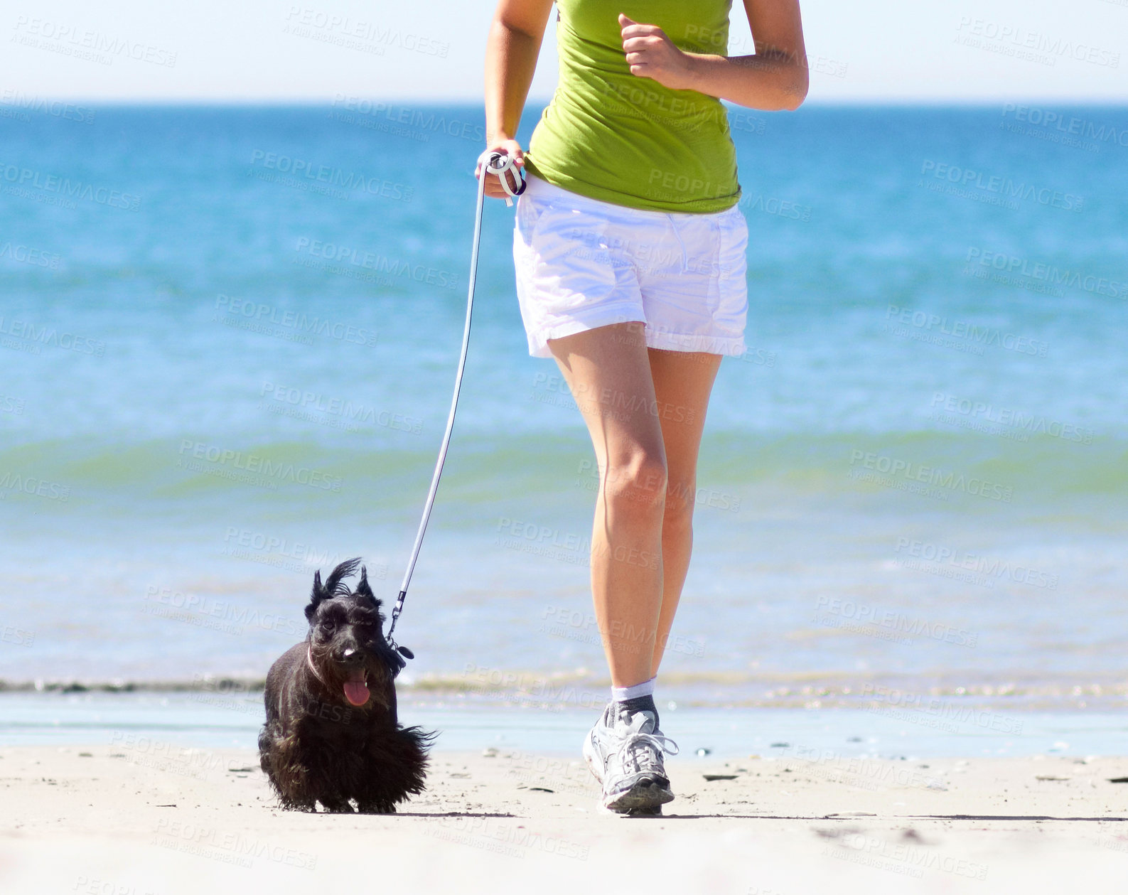 Buy stock photo Cropped shot of a woman jogging with her dog on the beach