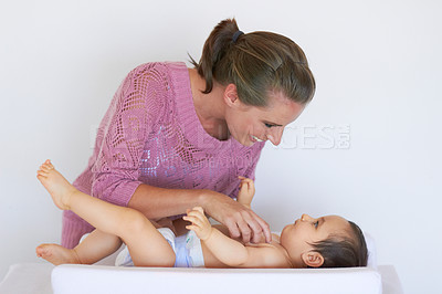 Buy stock photo Happy, nursery and family mom with baby love, motherhood and happiness for infant growth, parenthood or relationship. Bond, parents and affectionate mother, mama or woman playing with young toddler