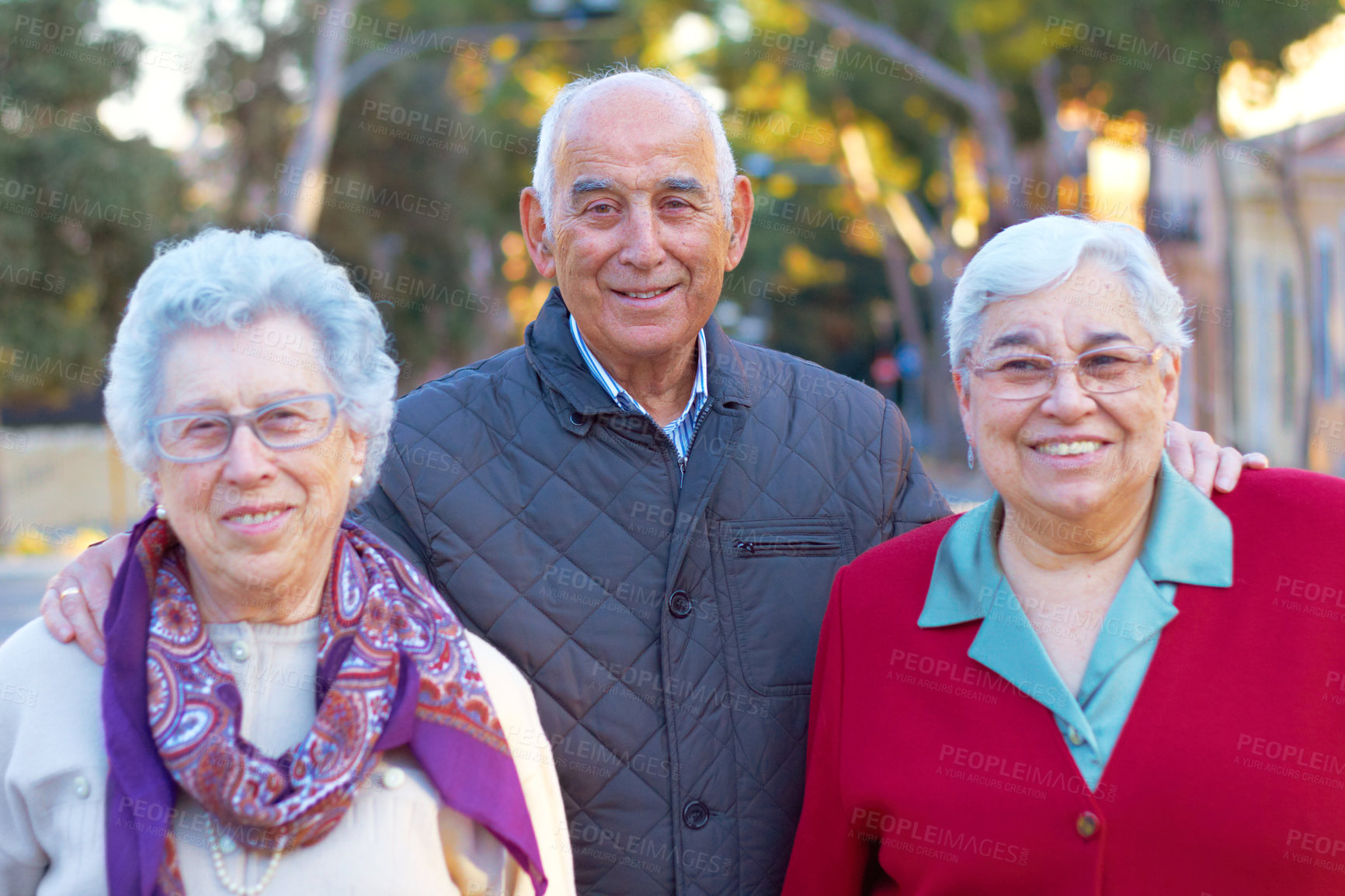 Buy stock photo Senior people, portrait and friends outdoor with a smile, happiness and care for family. Elderly women and an old man together for love, retirement and quality time for bonding, fun and wellness