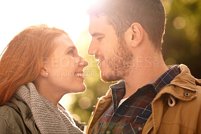Buy stock photo Date, outdoor and couple with love in nature on holiday adventure or relax on vacation in woods. Happy, man and woman in park with smile for support and care in marriage and travel forest together